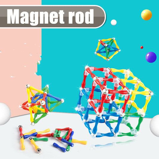 Colorful magnetic rod structures on a colorful background with 'Magnet rod' text.