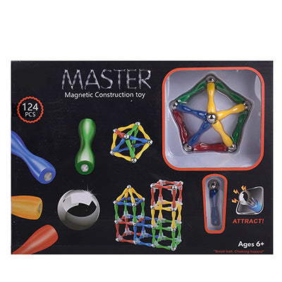 Box of Master Magnetic Construction toy set with colorful magnetic pieces on a white background