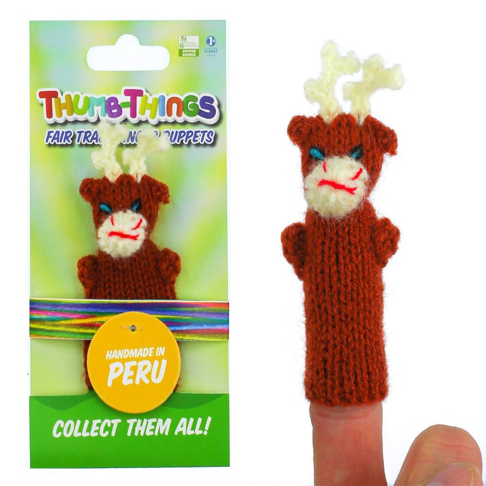 Knitted reindeer finger puppet with packaging labeled 'Thumblings' on a white background
