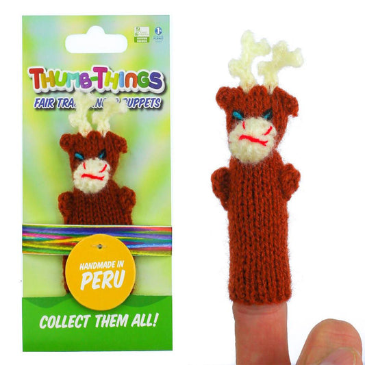 Knitted reindeer finger puppet with packaging labeled 'Thumblings' on a white background