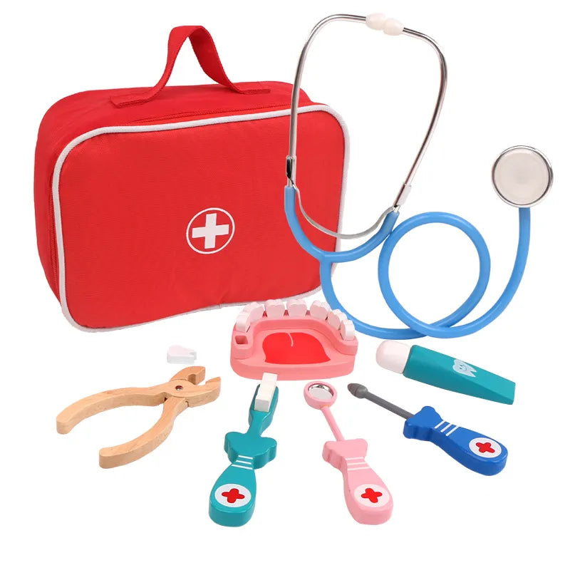 Set of toy medical tools including a stethoscope, first aid kit, and various pretend medical instruments on a white background.