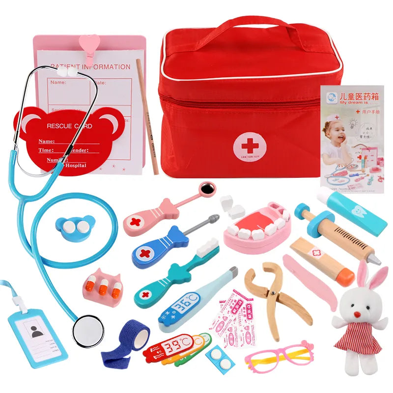 Children's toy medical set with red carrying case, stethoscope, and various pretend medical tools on a white background.
