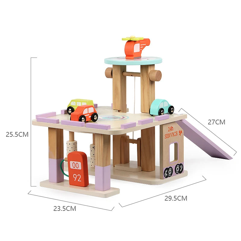 Wooden toy garage with cars and measurements on a white background