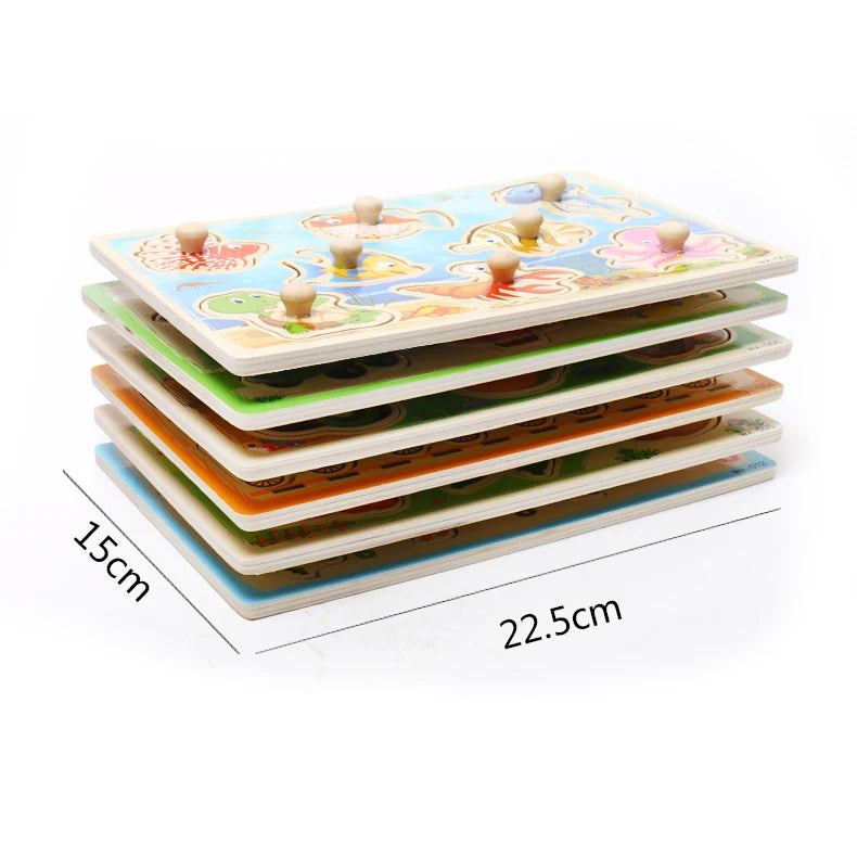 Stack of colorful children's educational puzzle boards with measurements on a white background
