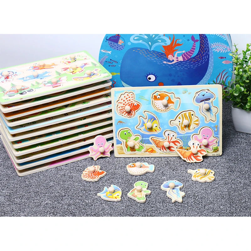 Children's educational puzzle with sea-themed illustrations on a textured surface.