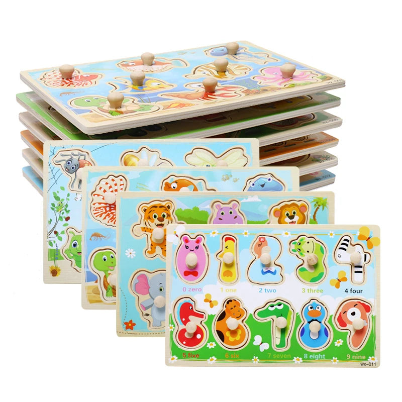 Set of wooden puzzles with animal illustrations on a white background