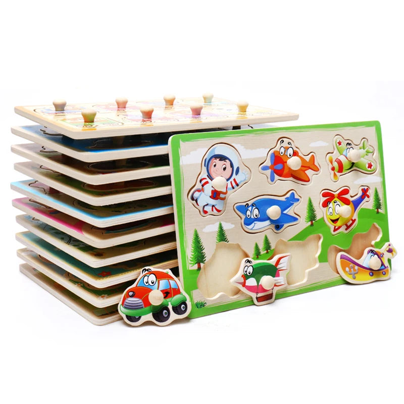 Set of colorful wooden puzzles with cartoon characters on a white background