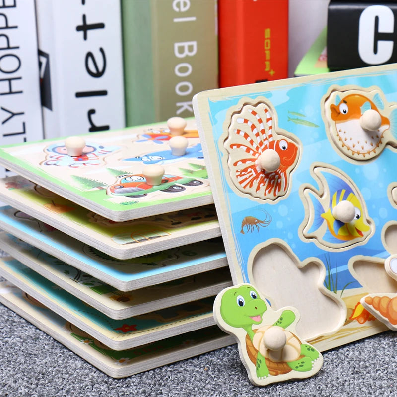 Stack of children's educational puzzles with animal illustrations on a textured surface.