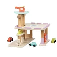 Wooden toy block set with pink platform and colorful cars on a white background
