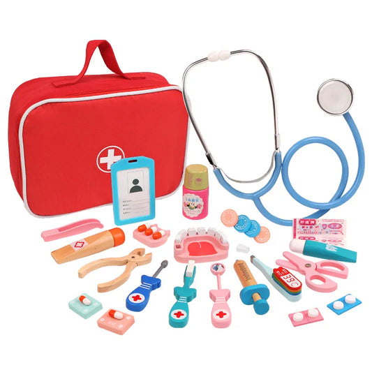 Children's toy medical kit with red carrying case, stethoscope, and various pretend medical tools on a white background.