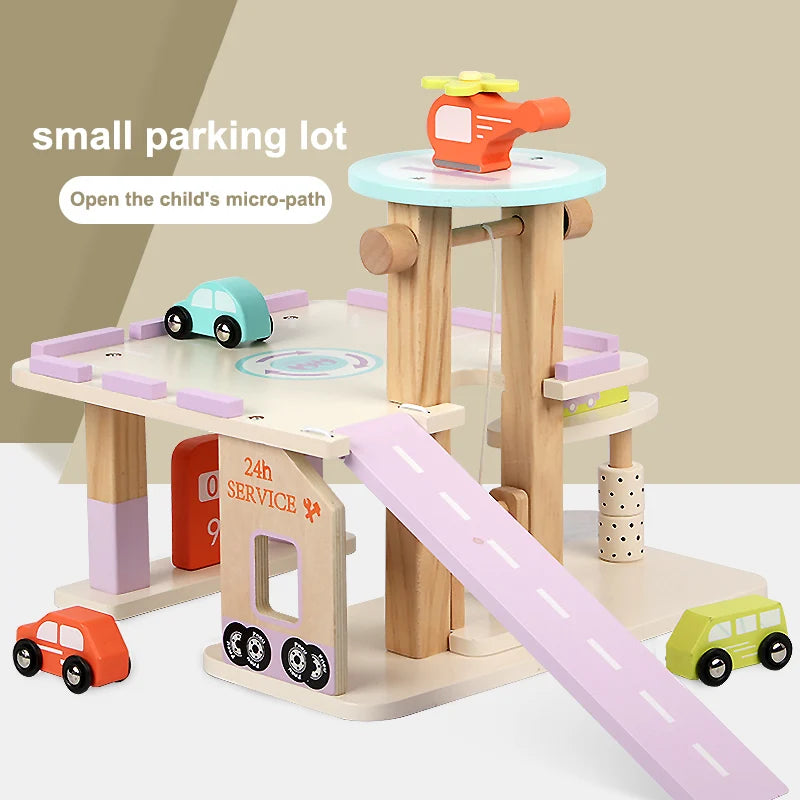 Wooden toy parking lot with cars and helicopter on a beige background