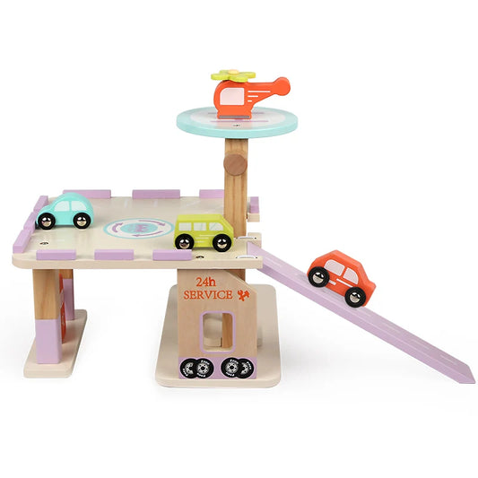 Wooden toy garage with cars on a white background