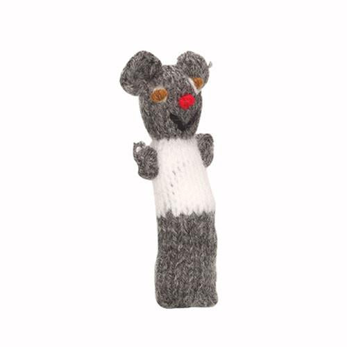 Knitted toy resembling a mouse with gray, white, and brown colors on a white background