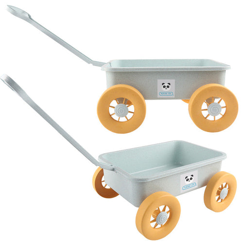Two children's wheelbarrows with yellow wheels on a white background