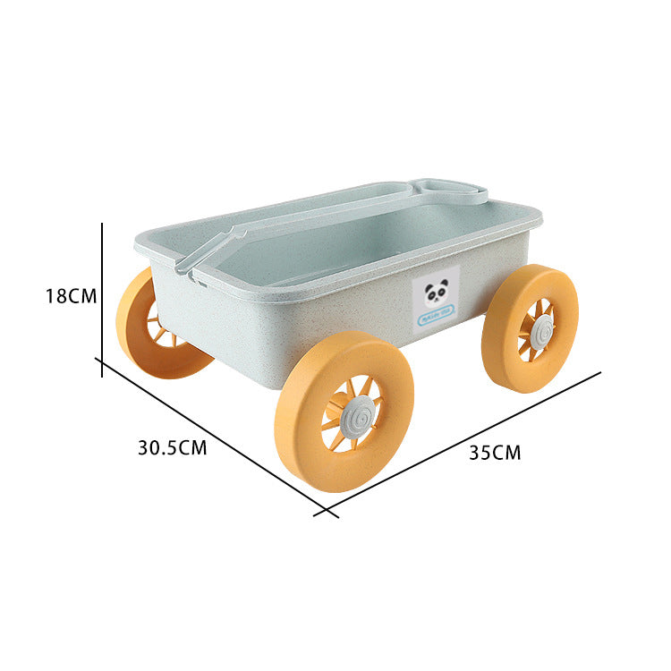 Small gray cart with yellow wheels and dimensions labeled on a white background