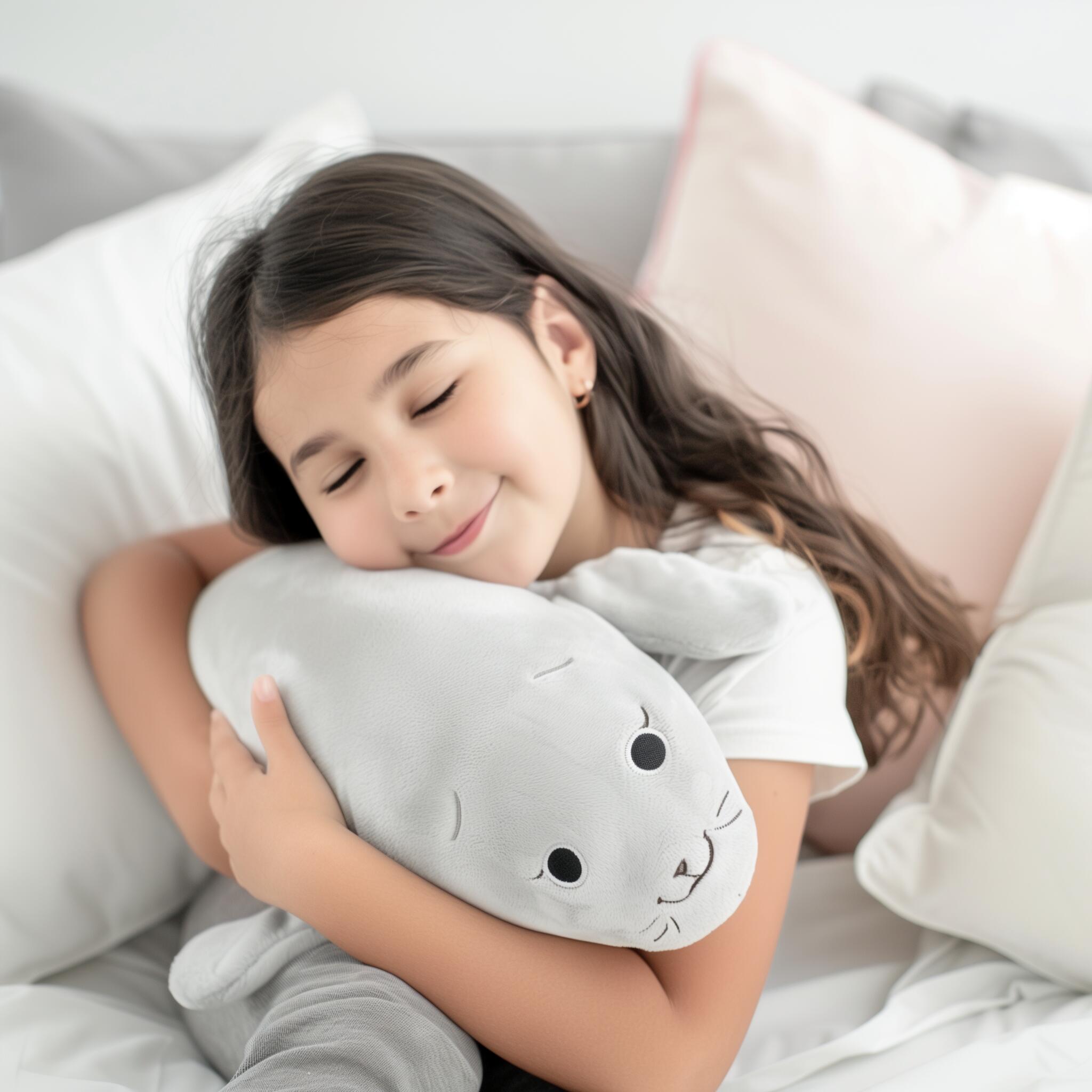 Young girl with long brown hair smiling peacefully while hugging a soft gray plush toy, lying on white bedding