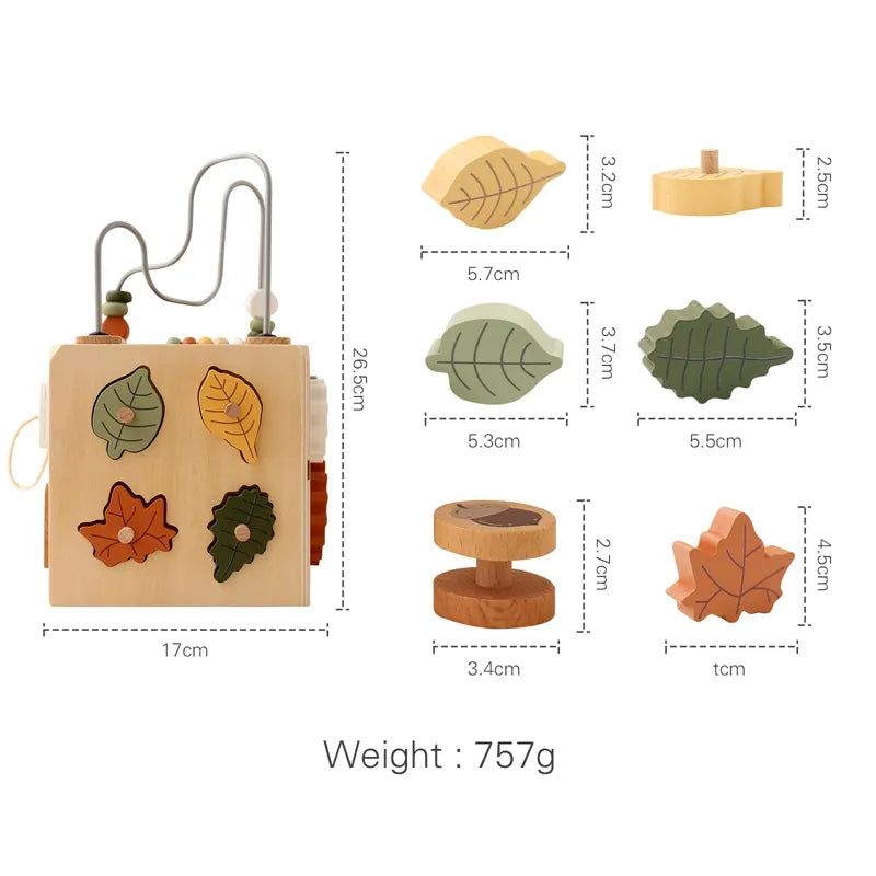 Wooden toy with leaf-shaped pieces and measurements on a white background