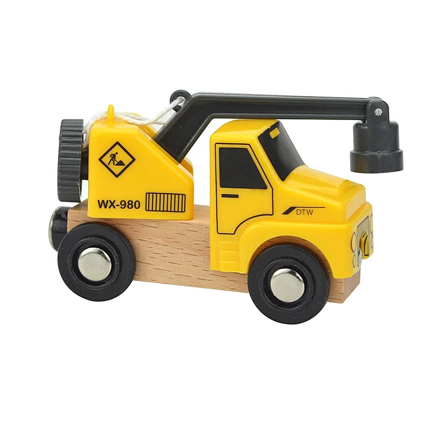 Toy construction truck with wooden body and yellow accents on a white background