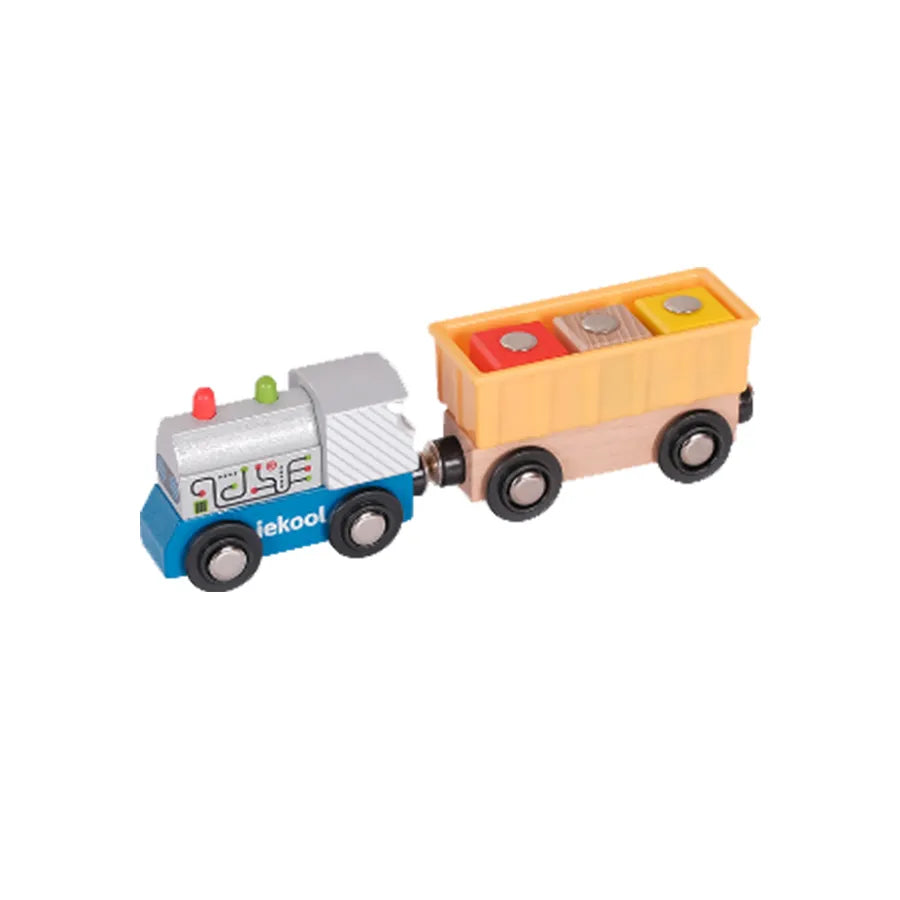Toy train set with a locomotive and a cargo car on a white background