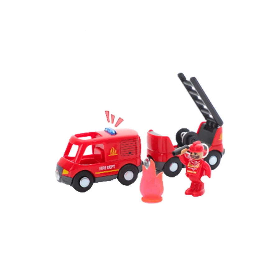 Toy fire truck and firefighter figure on a white background