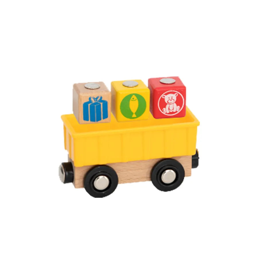 Wooden toy train car with colorful blocks on a white background