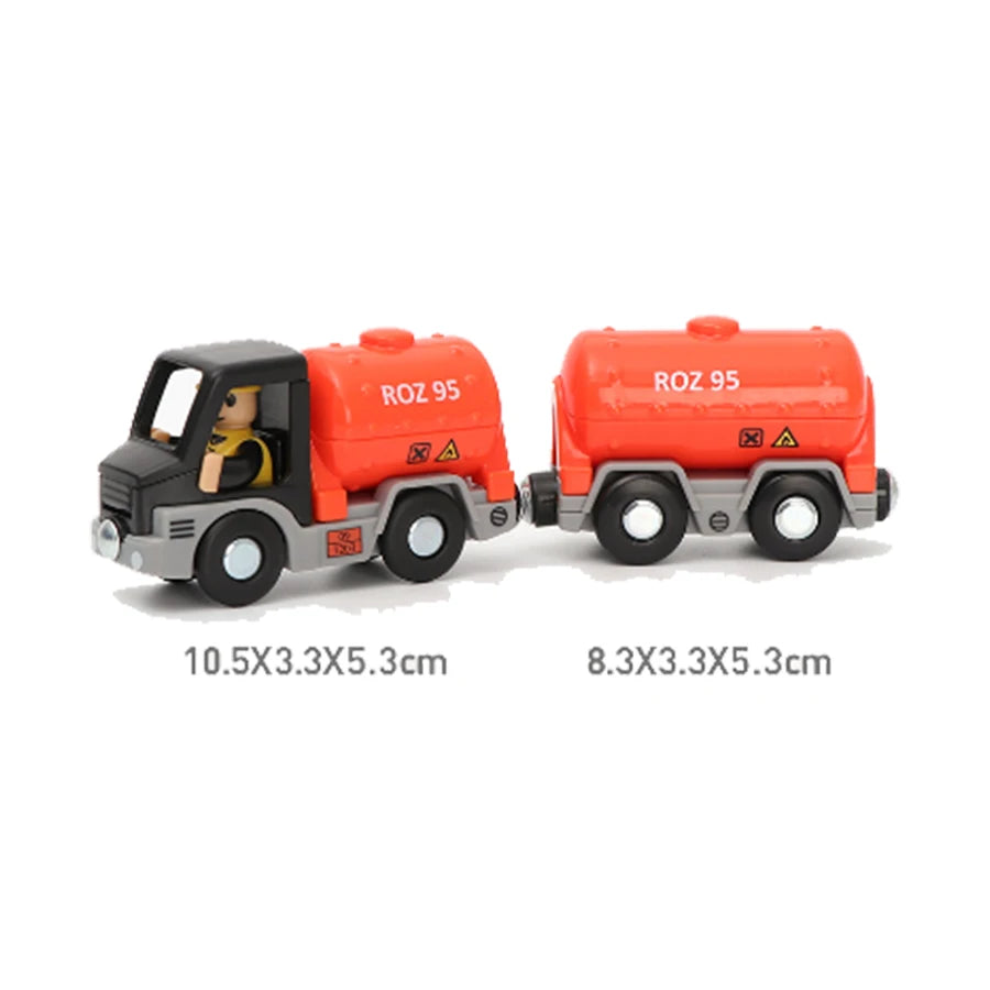 Two toy tankers with dimensions displayed on a white background