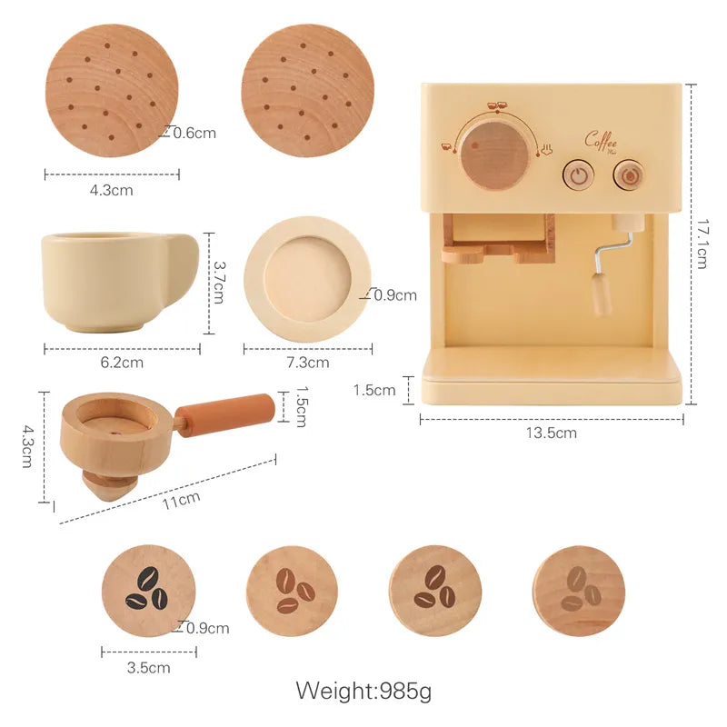 Wooden toy coffee maker set with dimensions and weight displayed