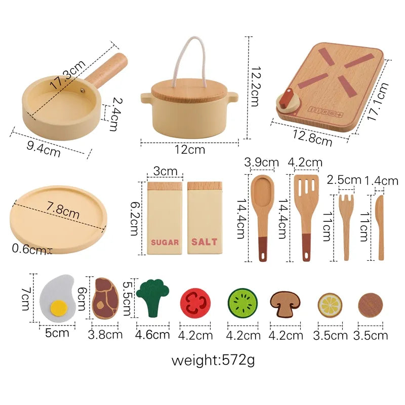 Measurement chart of wooden kitchen utensils and items with dimensions and weight.