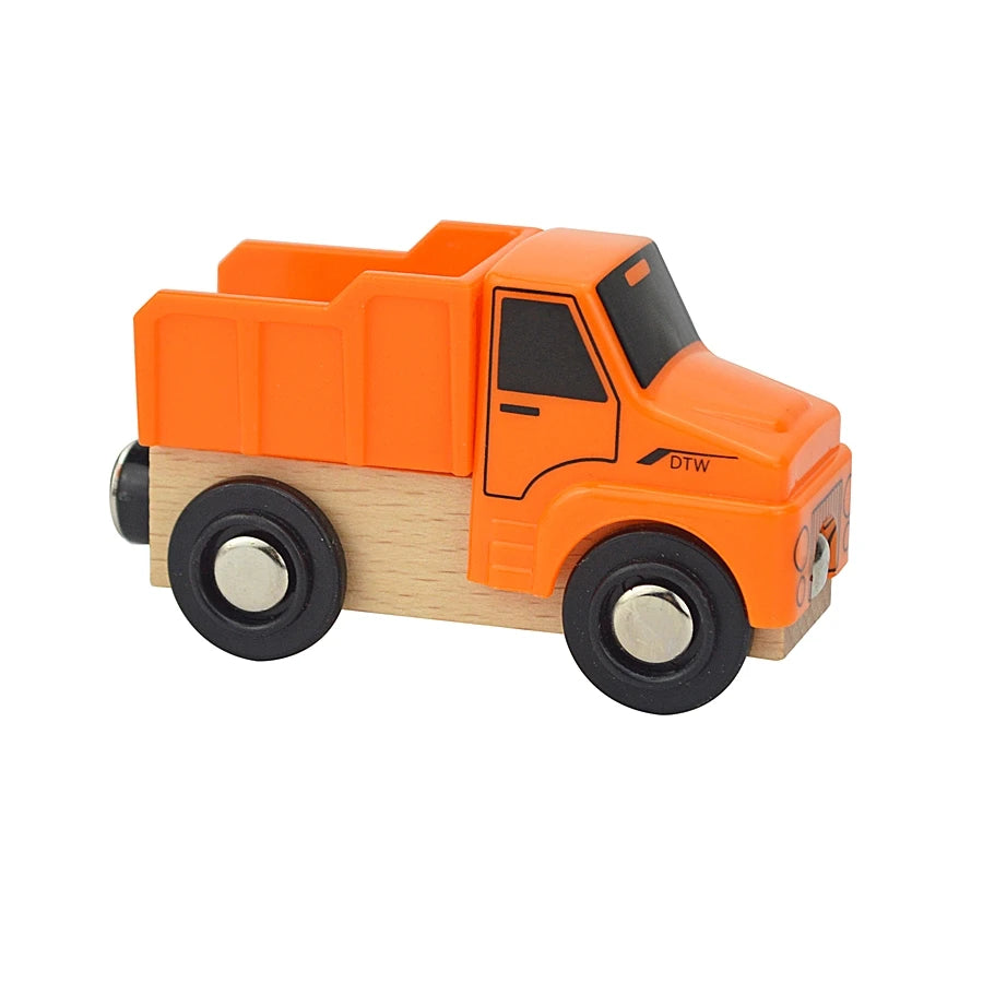 Wooden toy truck with an orange body and black wheels on a white background
