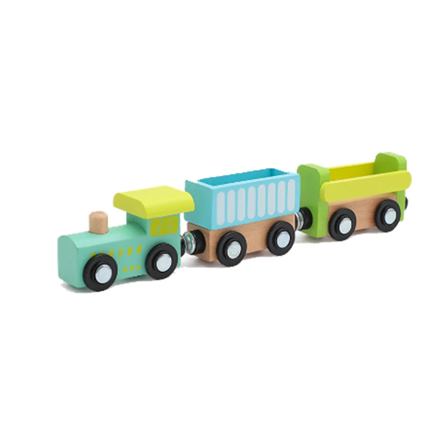 Wooden toy train set on a white background