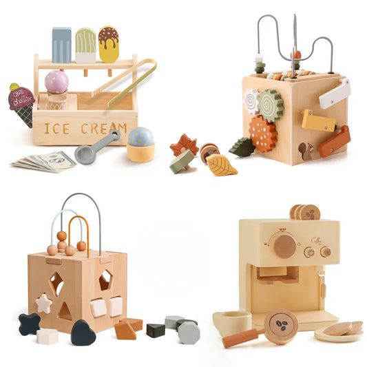 Collection of wooden toys on a white background