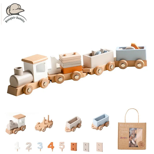 Wooden toy train set with various车厢s on a white background