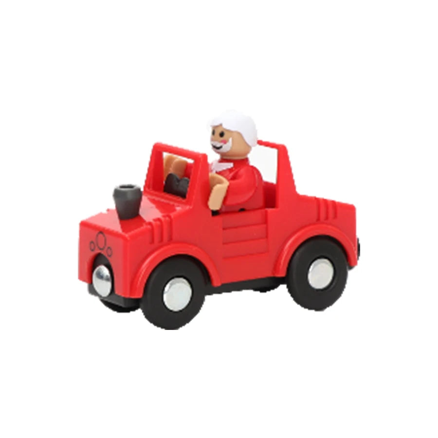 Toy figure of a character in a red truck on a white background