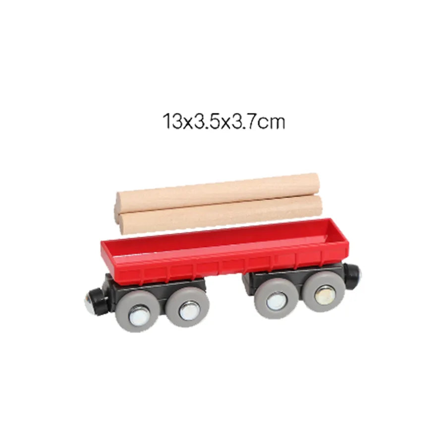 Red toy train wagon with wooden planks on a white background
