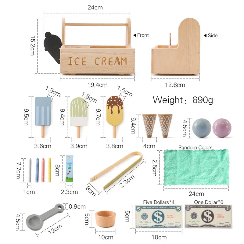 Measurement chart of a wooden ice cream set with various components and dimensions.
