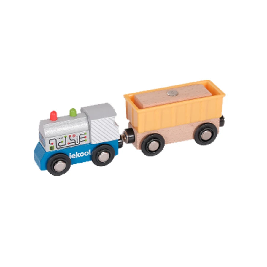 Wooden toy train with a cargo car on a white background