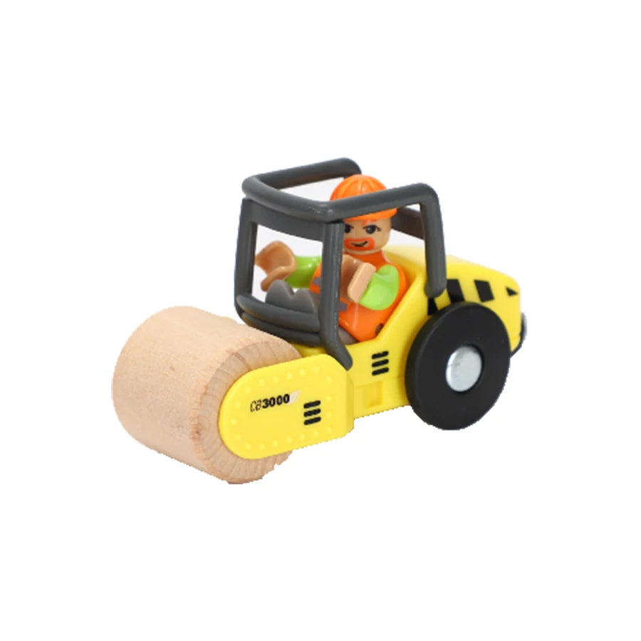 Toy construction vehicle with a figure on a white background