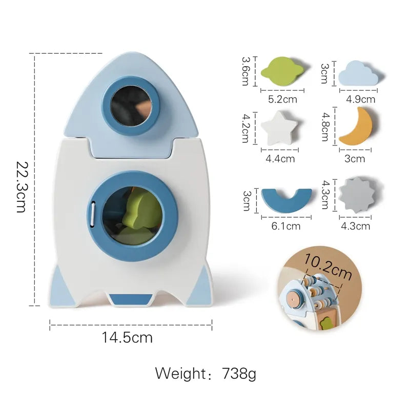 Wooden toy rocket with measurements and weight details on a white background