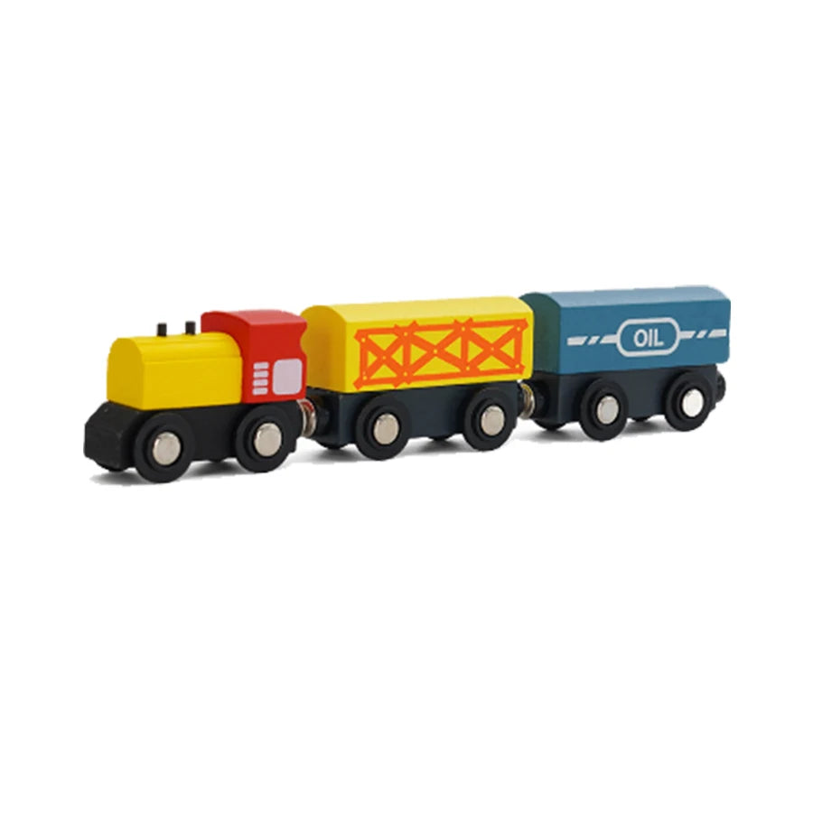 Wooden toy train set on a white background