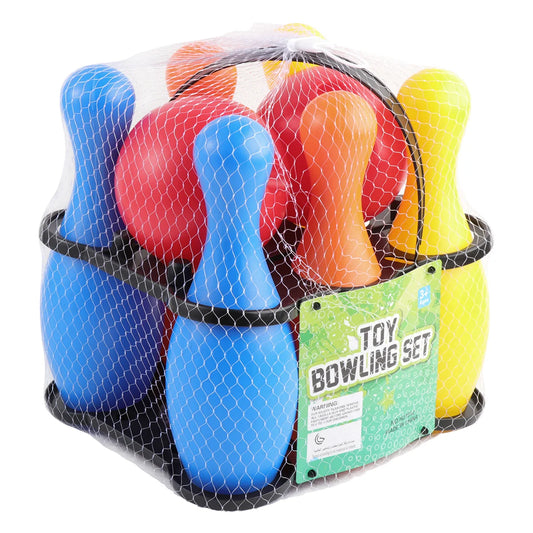 Colorful toy bowling set in packaging with a visible brand label.