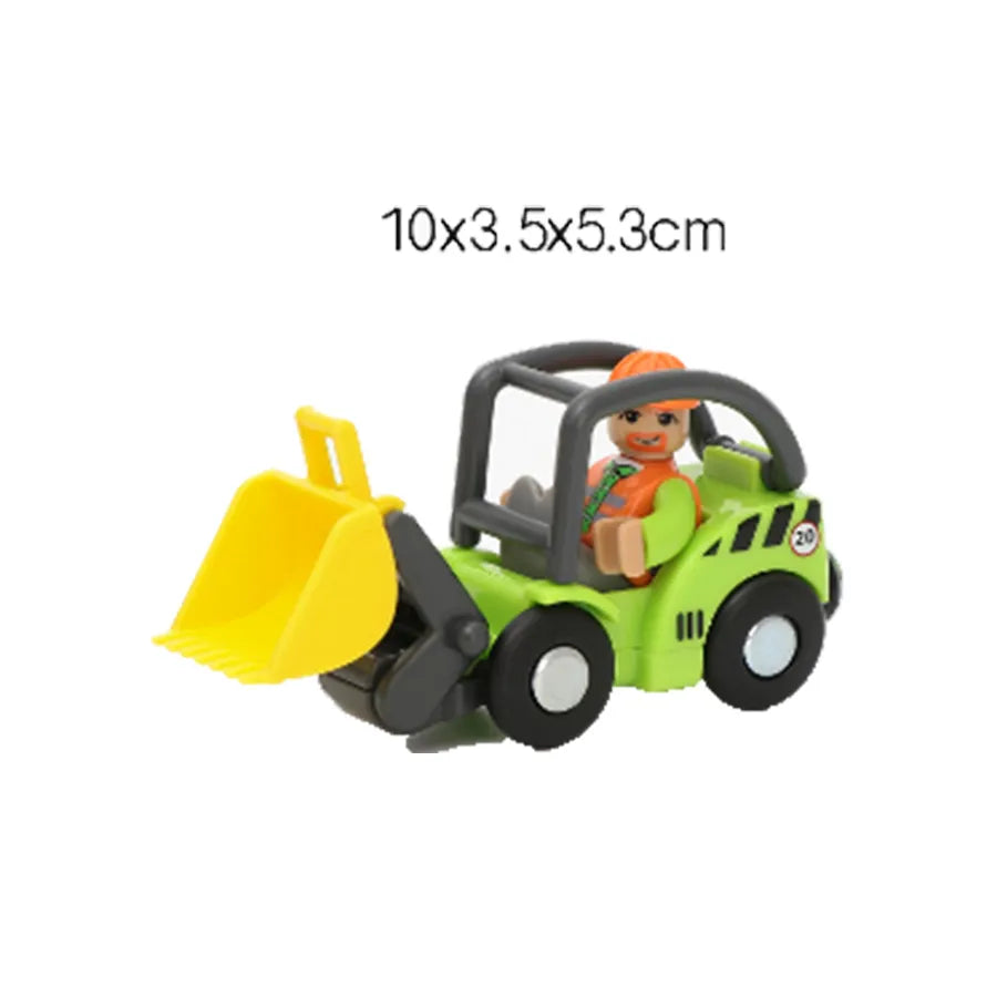 Toy bulldozer with a driver figure on a white background