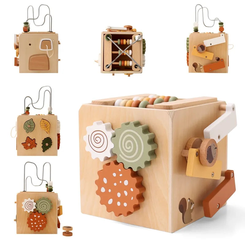 Wooden educational toy with gears and mechanical parts on a white background