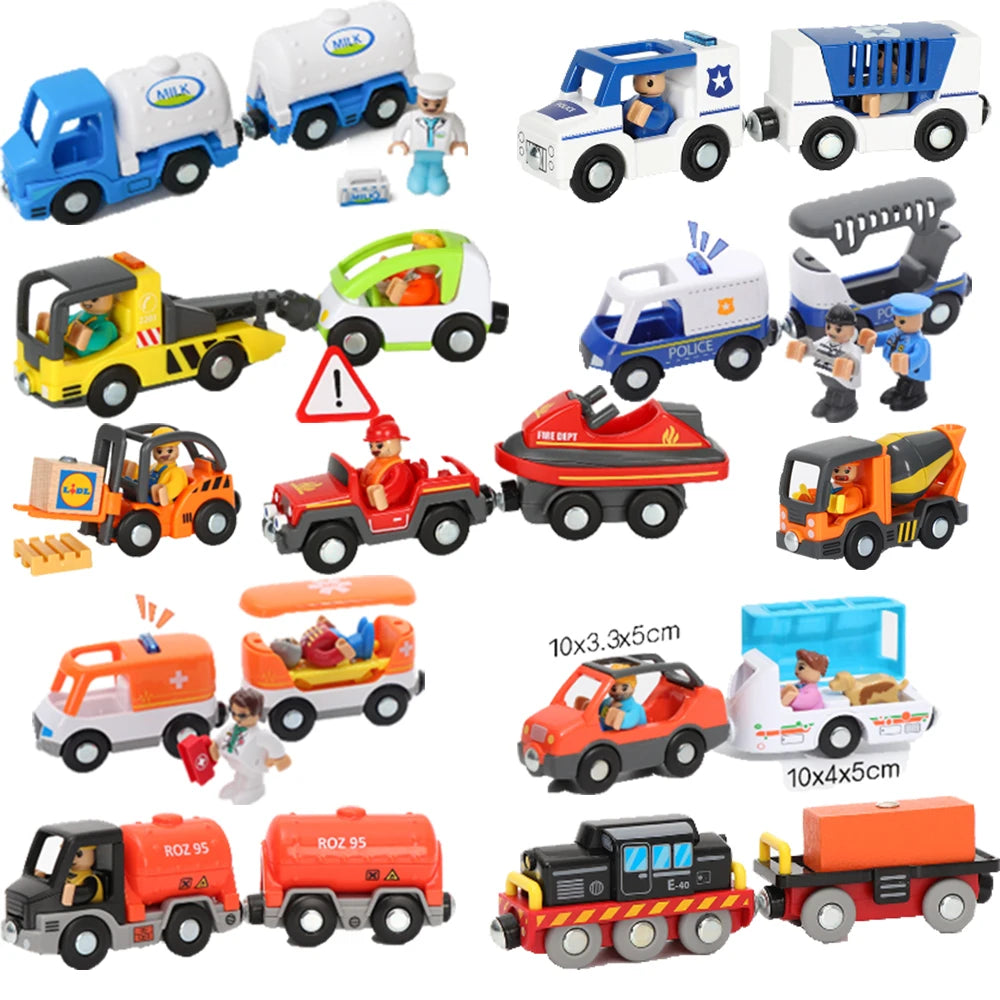 Collection of toy vehicles and figures on a white background