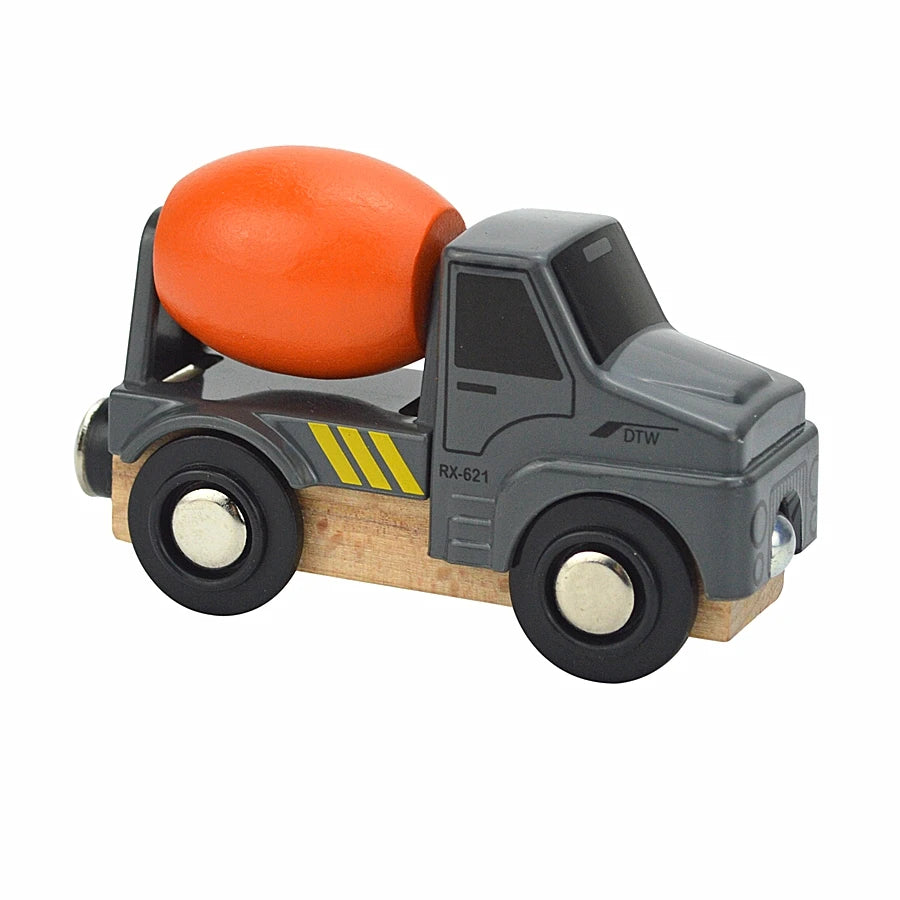 Toy cement mixer truck with an orange concrete mix on a white background