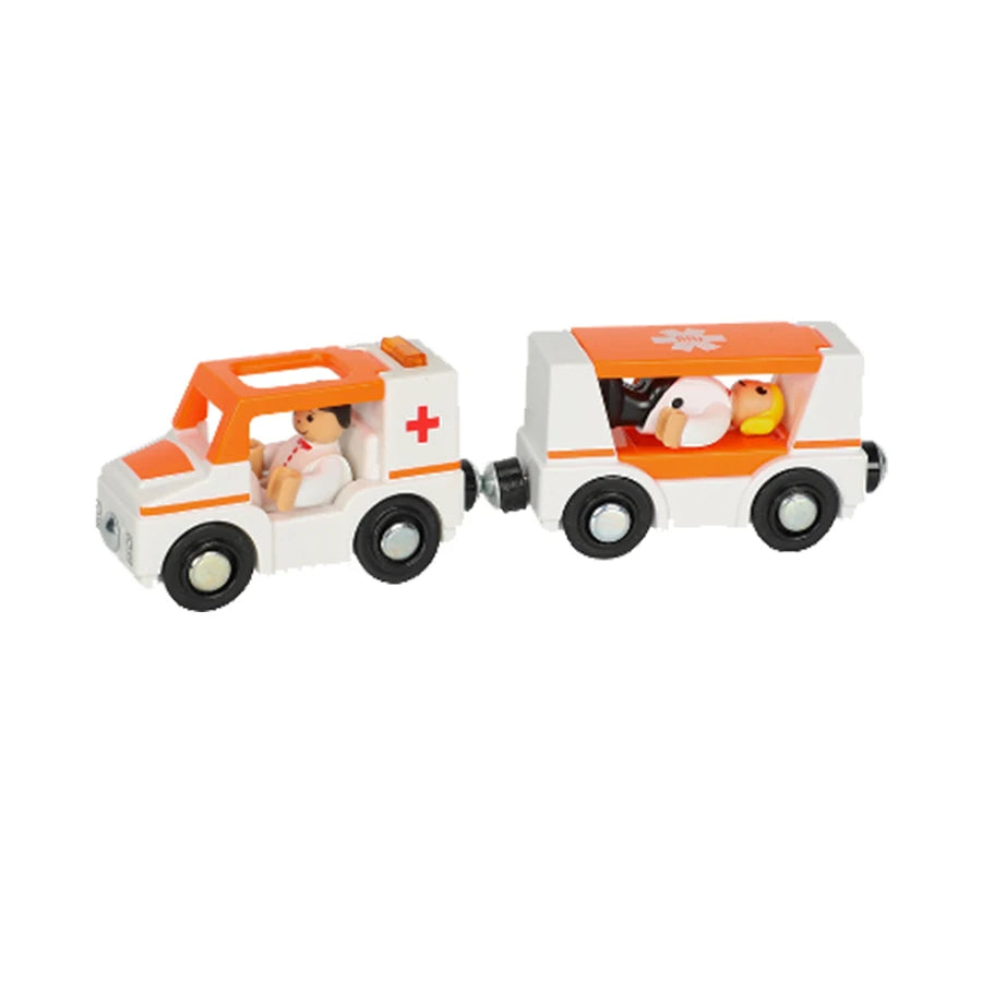 Two toy ambulances with cartoon characters inside on a white background