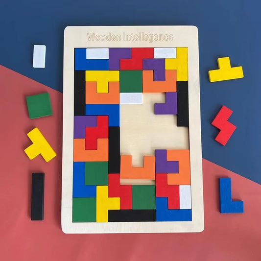 Colorful wooden puzzle with geometric shapes on a blue and red background