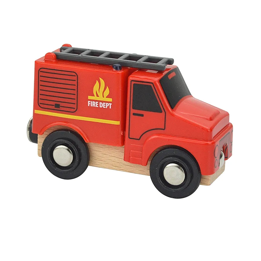 Wooden toy fire truck with red body and black wheels on a white background