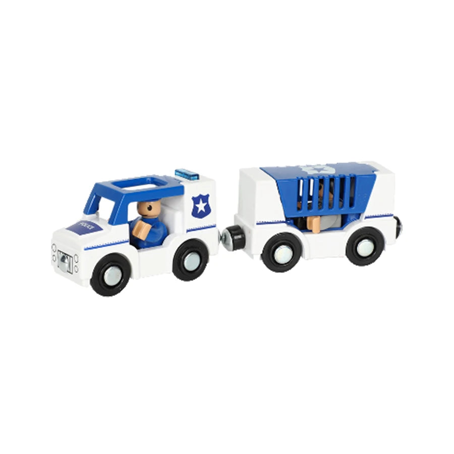 Toy police truck and prisoner carrier set on a white background