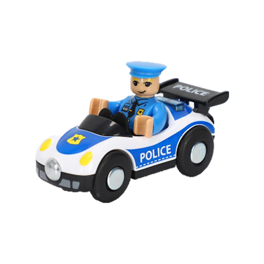 Toy police car with a figure of a policeman on a white background