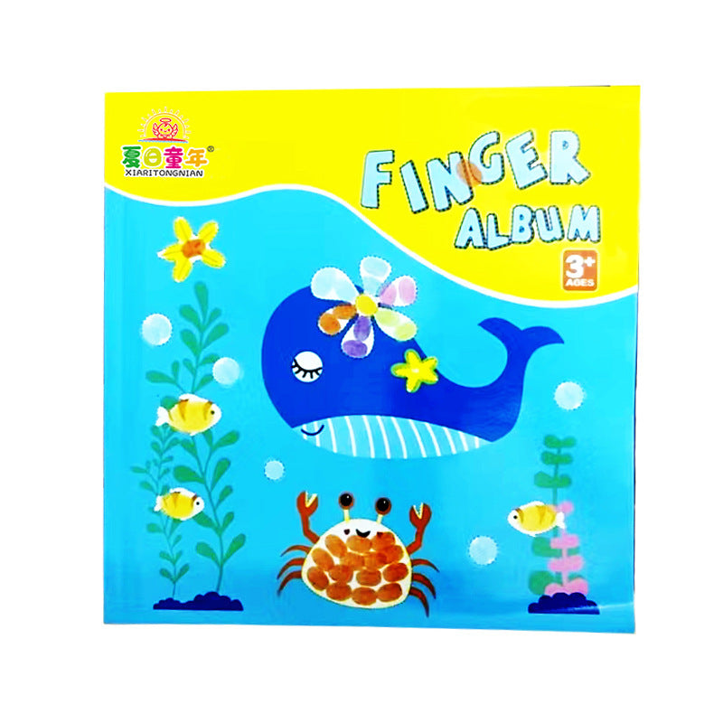 Children's finger album with whale, fish, and crab illustrations on a blue and yellow background.